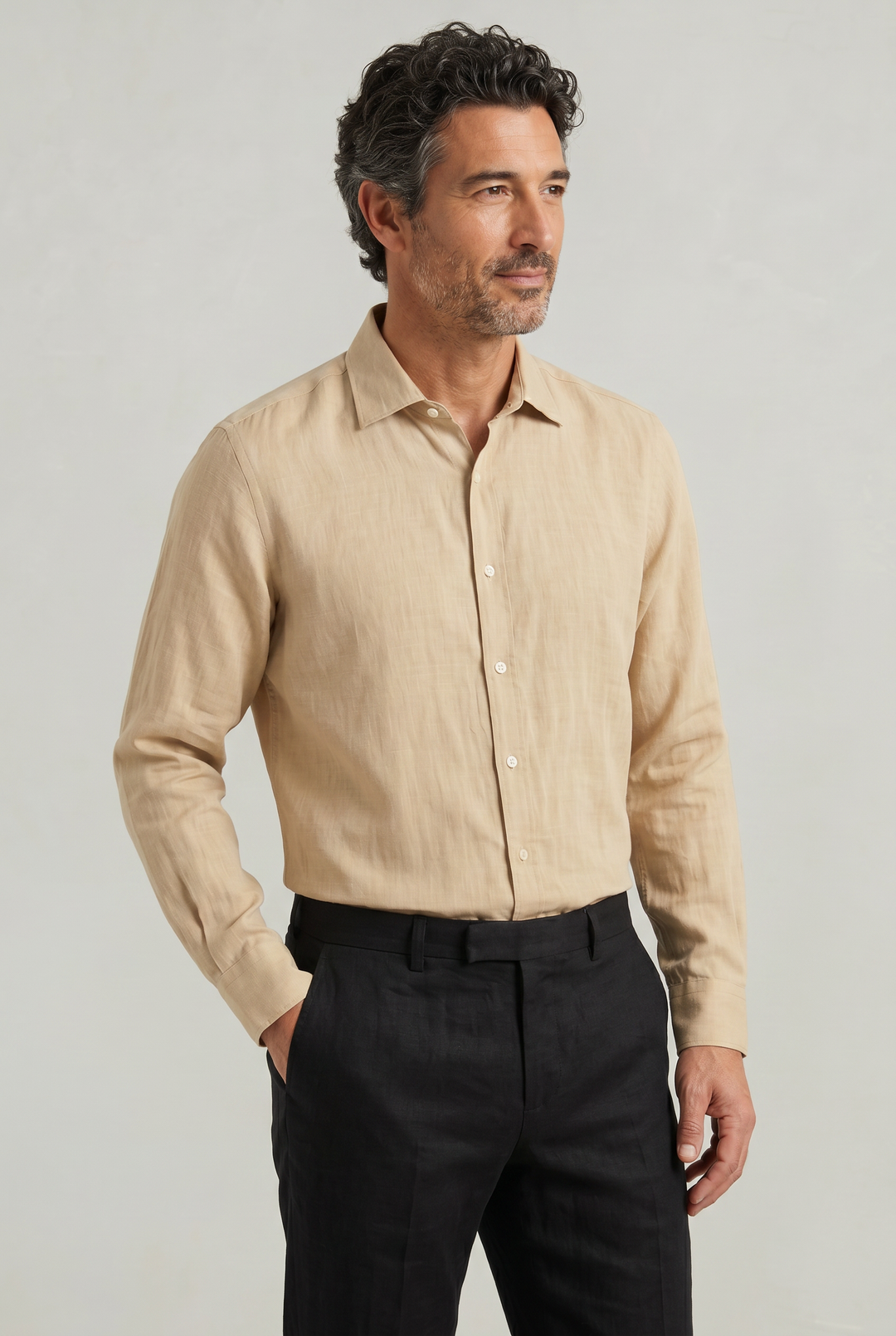 Textured men's long sleeve collar shirt. Breathable fabric for effortless smart casual style.