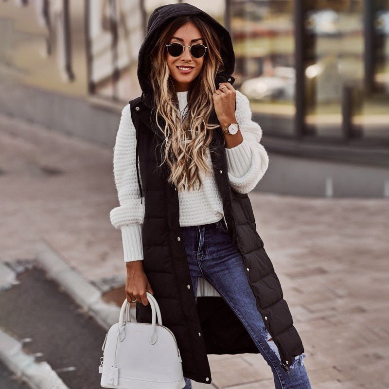 Beige women's long quilted puffer jacket, a cozy winter coat with stylish design for women's outerwear.
