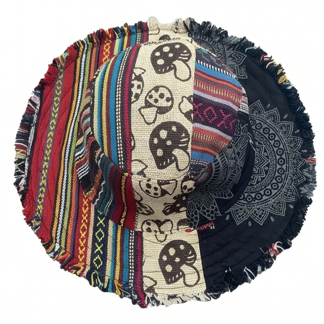 Women's patchwork mushroom bucket hat, featuring a secret pocket, perfect for unique festival style & sun protection.
