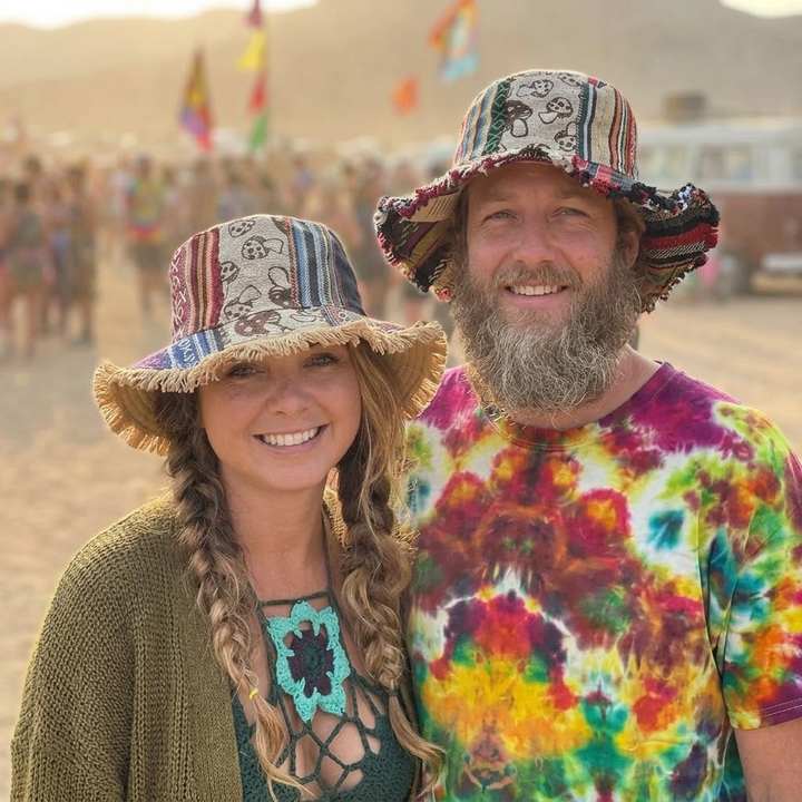 Women's unique patchwork mushroom bucket hat with a secret pocket, offering sun protection and a distinct boho aesthetic.