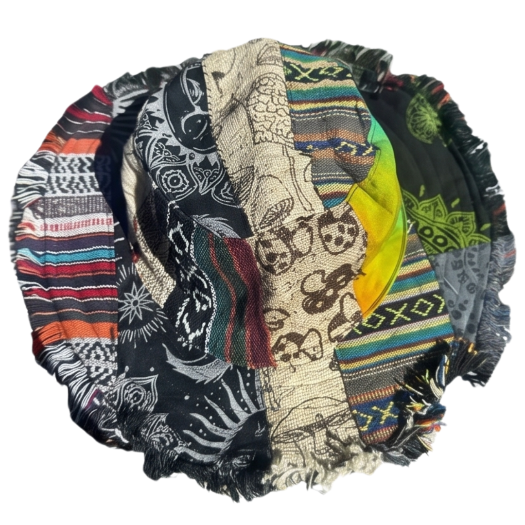 Boho women's patchwork mushroom bucket hat, ideal for festival fashion, sun protection & a touch of unique style.