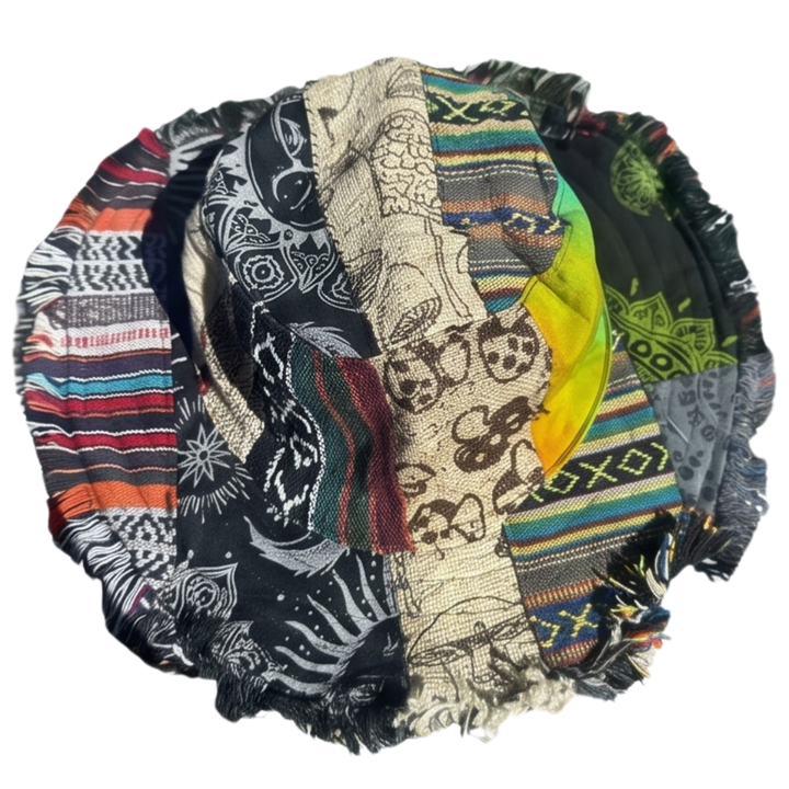 Boho women's patchwork mushroom bucket hat, ideal for festival fashion, sun protection & a touch of unique style.