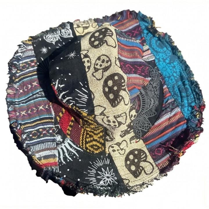 Unique women's patchwork bucket hat with a discreet secret pocket, designed for mushroom lovers & summer festivals.