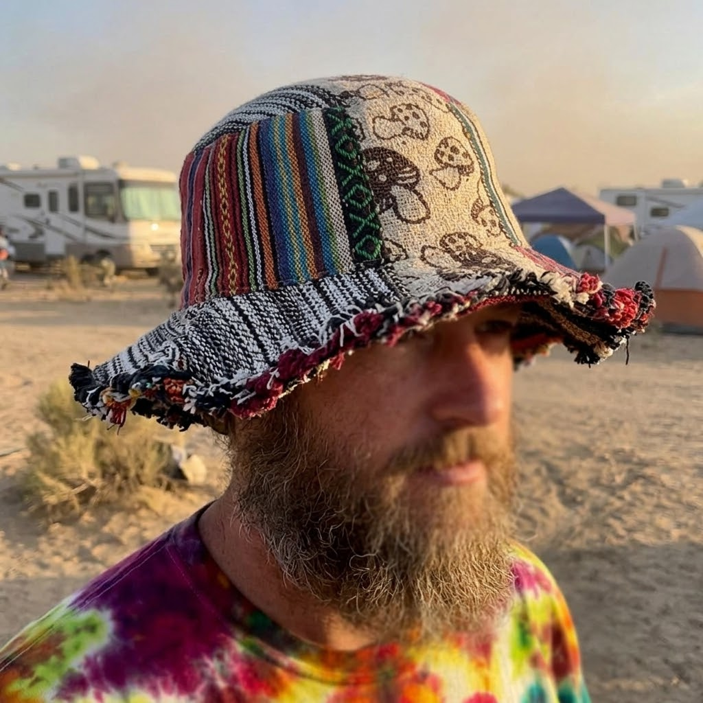 Stylish women's patchwork bucket hat, featuring a mushroom design and a secret pocket, great for summer sun & essentials.