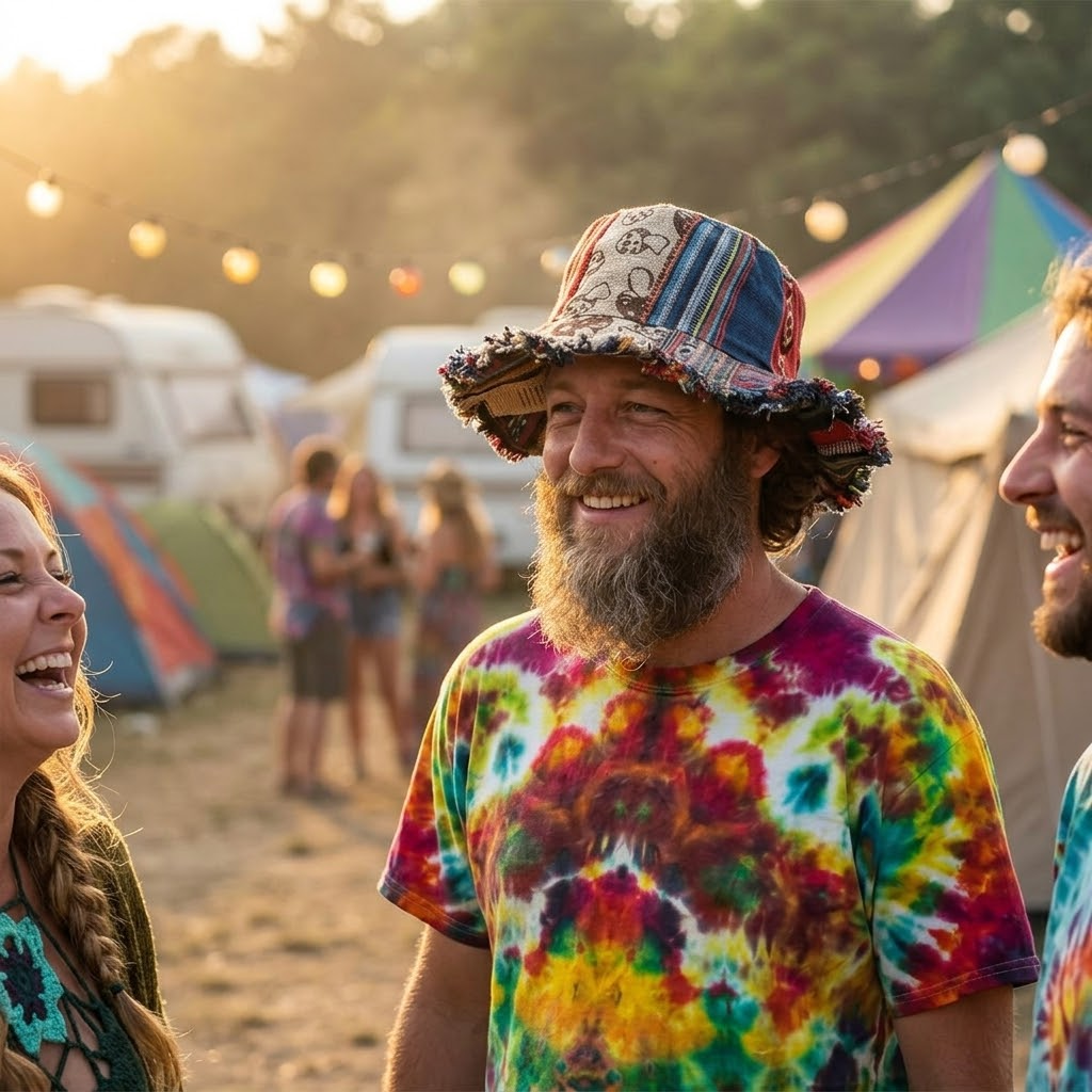Vibrant patchwork bucket hat for women, featuring a playful mushroom design, a secret pocket & summer festival vibes.