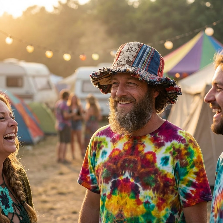Vibrant patchwork bucket hat for women, featuring a playful mushroom design, a secret pocket & summer festival vibes.