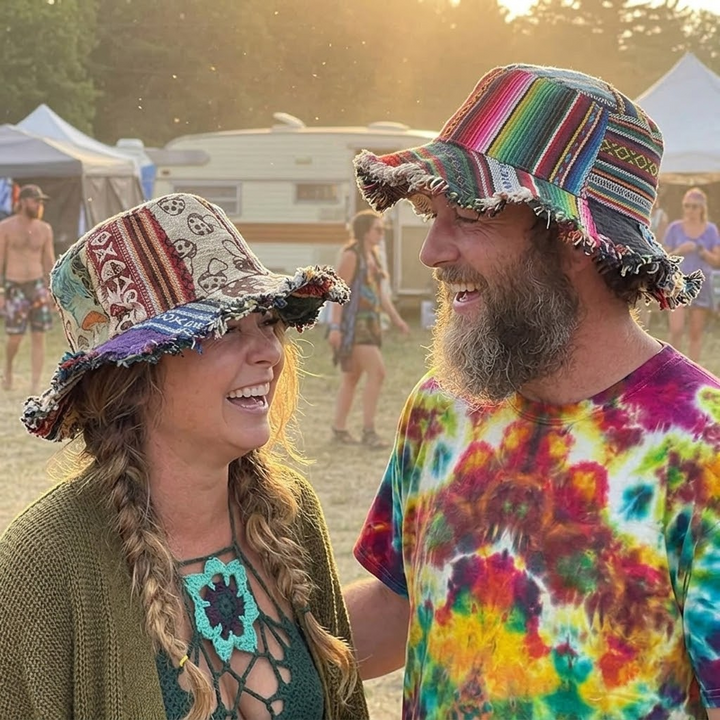 Patchwork mushroom bucket hat for women, a summer accessory with a secret pocket for festival fashion & sun protection.