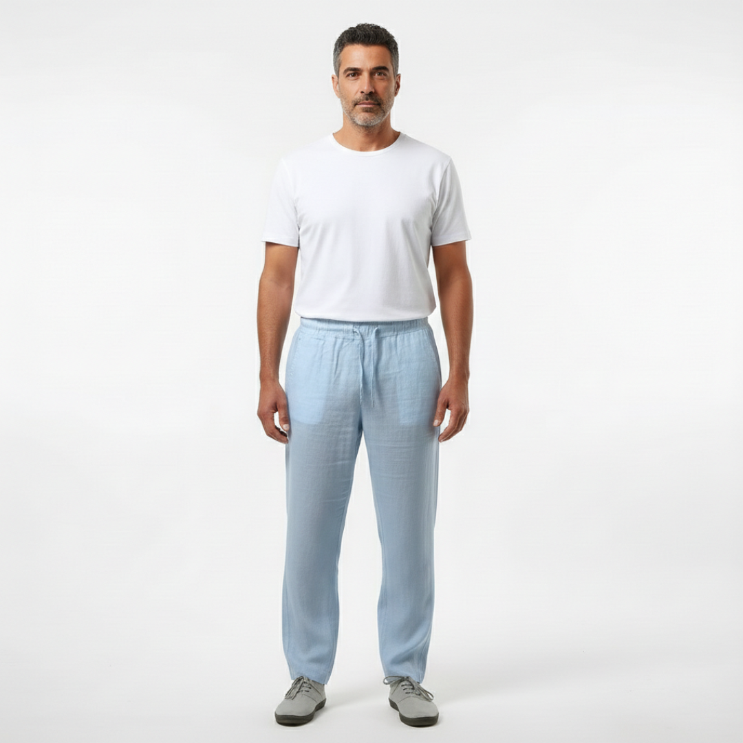Men's light blue straight-leg drawstring linen pants for effortless warm-weather style & comfort.