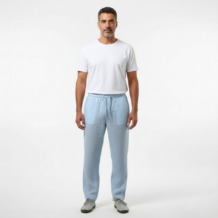 Men's light blue straight-leg drawstring linen pants for effortless warm-weather style & comfort.