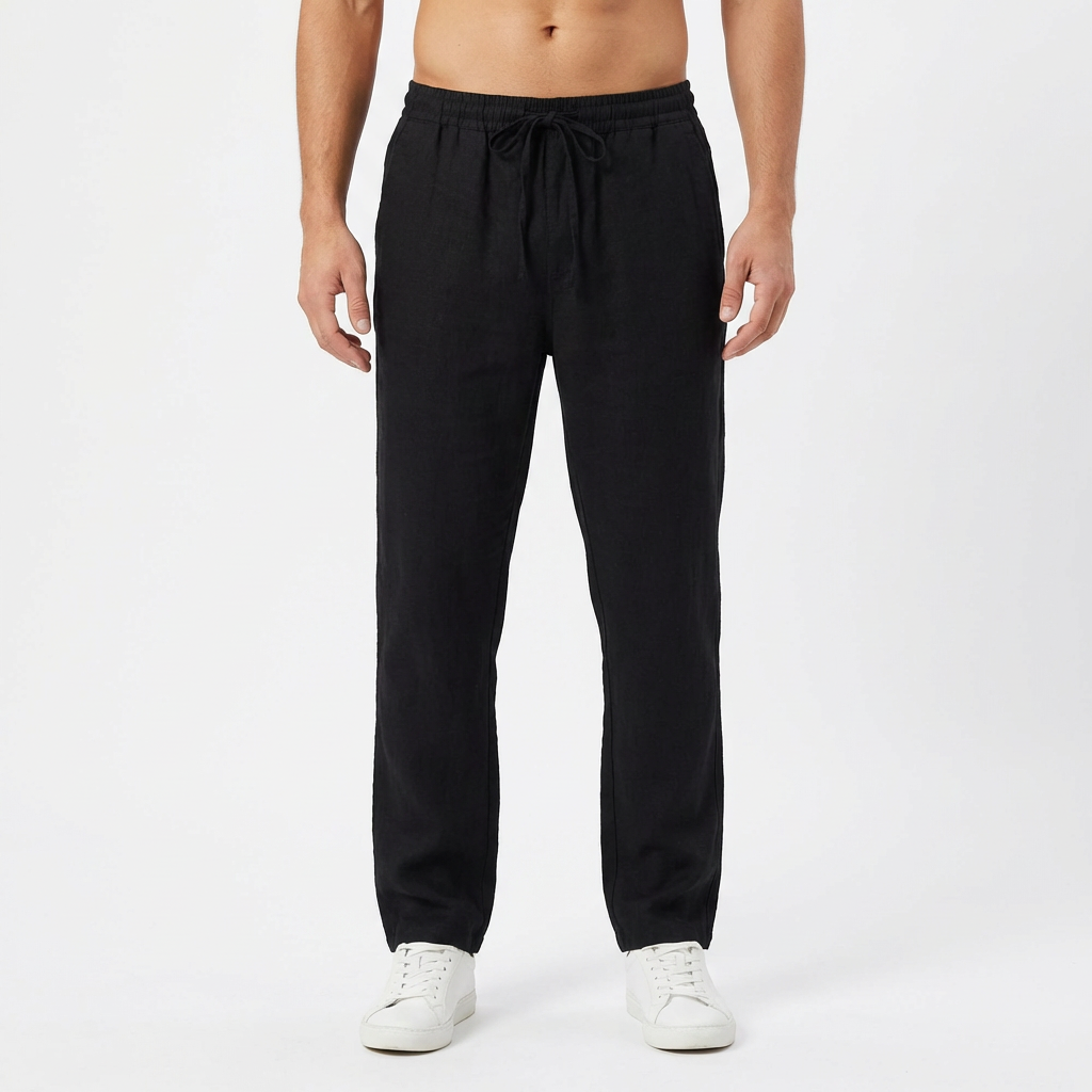 Black men's relaxed-fit drawstring linen pants, perfect for smart casual or comfortable summer wear.