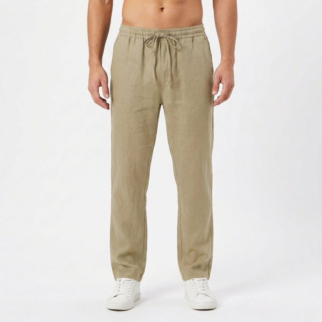 Khaki men's versatile straight-leg linen pants with drawstring, ideal for casual and warm weather.