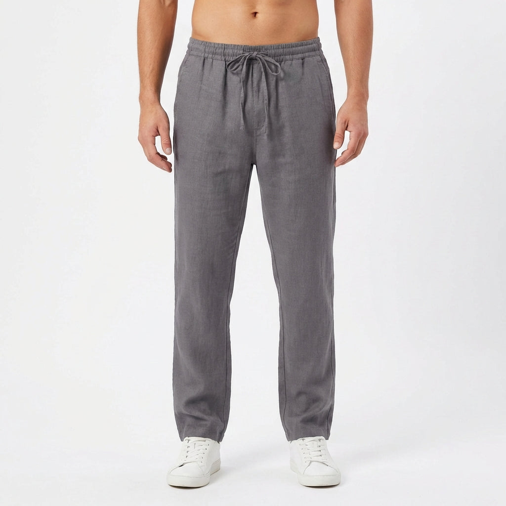 Gray men's comfortable straight-leg linen pants with an adjustable drawstring for a relaxed fit.