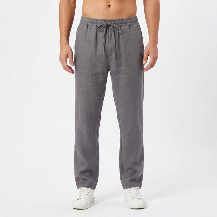 Gray men's comfortable straight-leg linen pants with an adjustable drawstring for a relaxed fit.