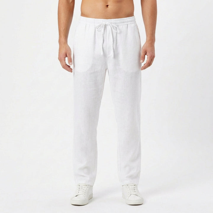 White men's polished straight-leg drawstring linen pants, a smart casual choice for summer style.