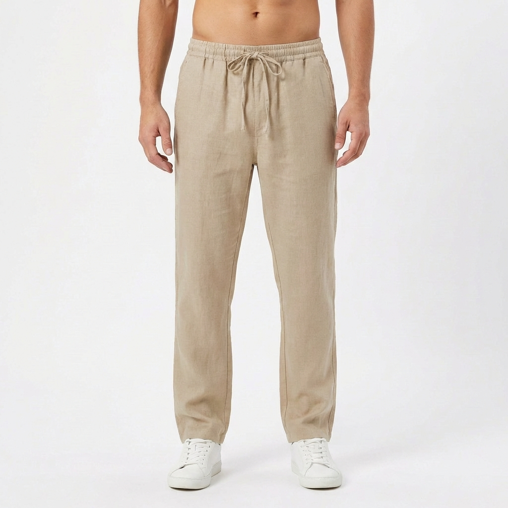 Beige men's relaxed fit linen pants, featuring a straight leg and drawstring for ultimate comfort.