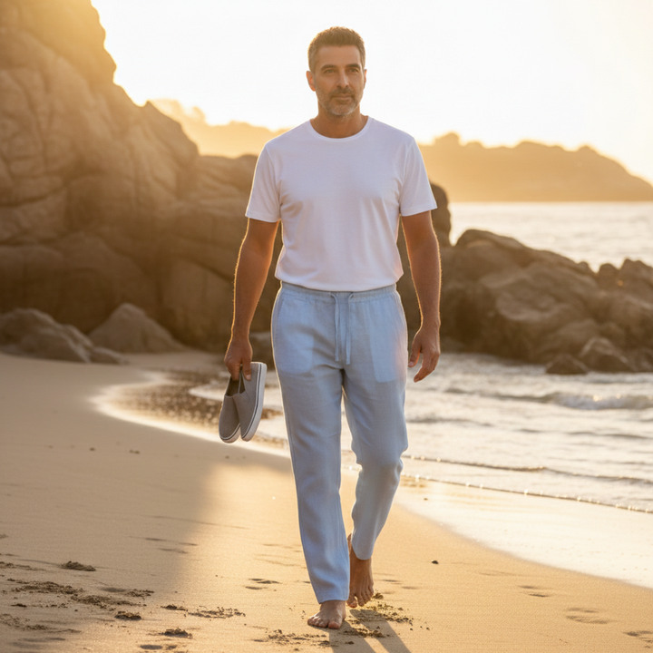 Stylish men's straight-leg linen drawstring pants for versatile smart casual outfits in warm weather.