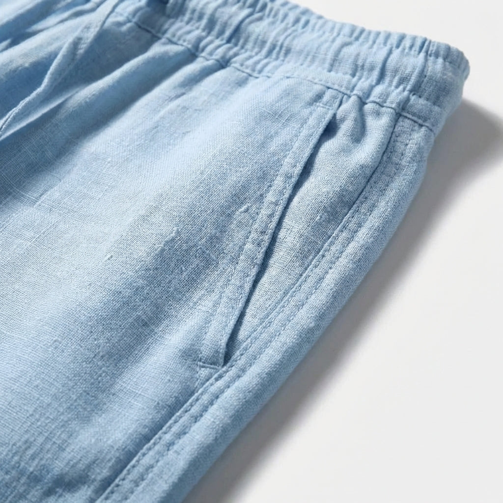 Effortless men's comfortable linen pants, straight-leg design with practical drawstring, multiple colors.