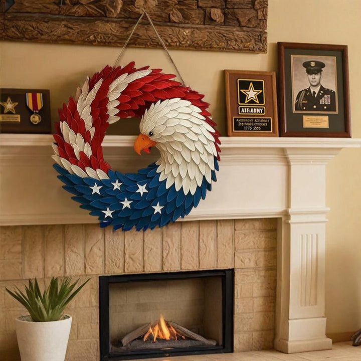 Round wooden wreath with an American eagle, perfect for patriotic home decor.
