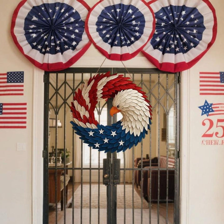 Indoor/outdoor decor: decorative wreath with a prominent American eagle motif.