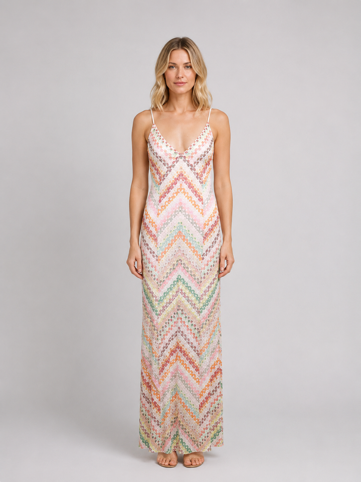 Elegant women's chevron open-weave maxi dress with V-neck, perfect for summer beach wear & resort vacations.