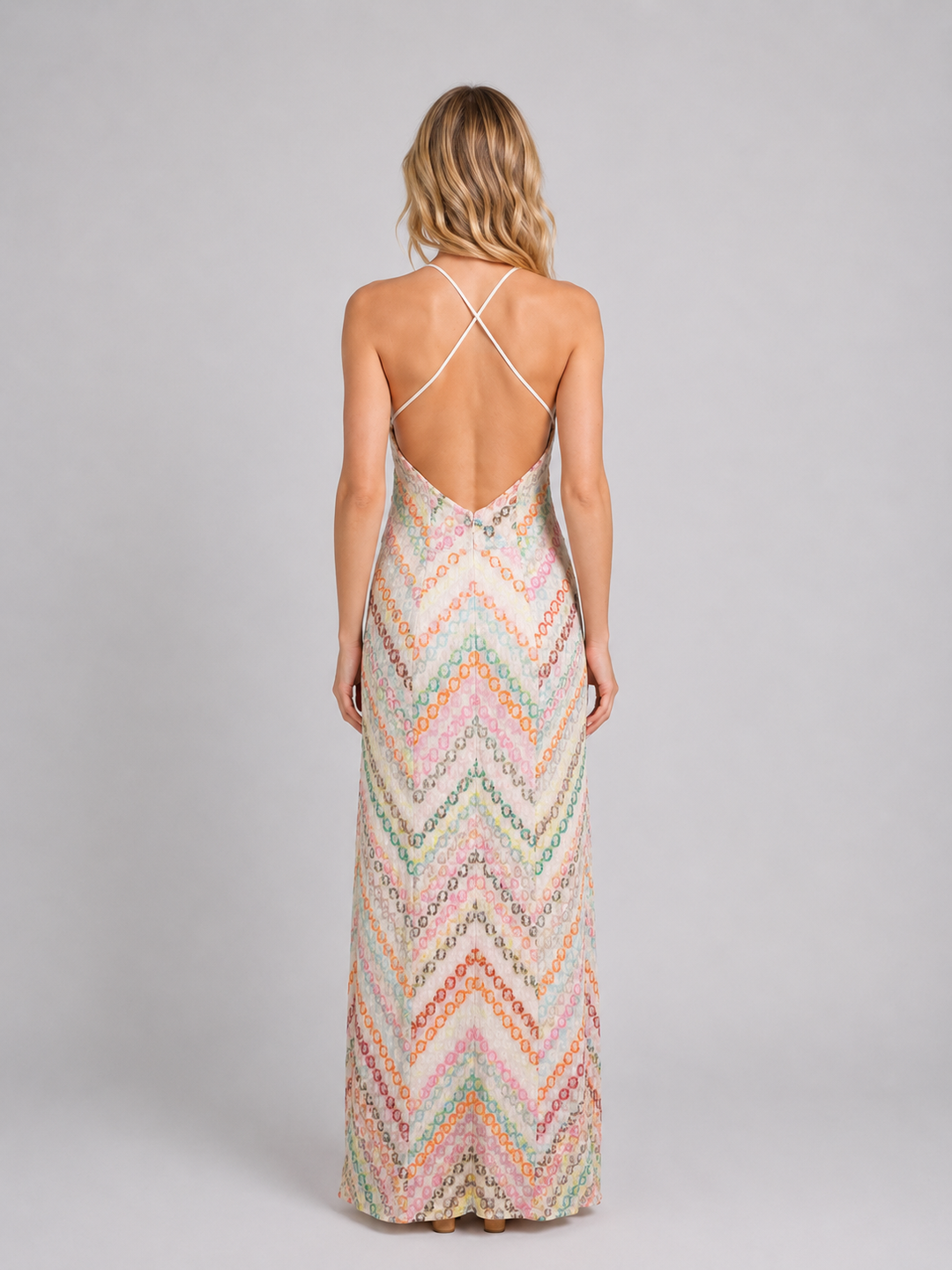 Bohemian style chevron open-weave maxi dress for women, featuring a sleeveless V-neck design, ideal for parties.