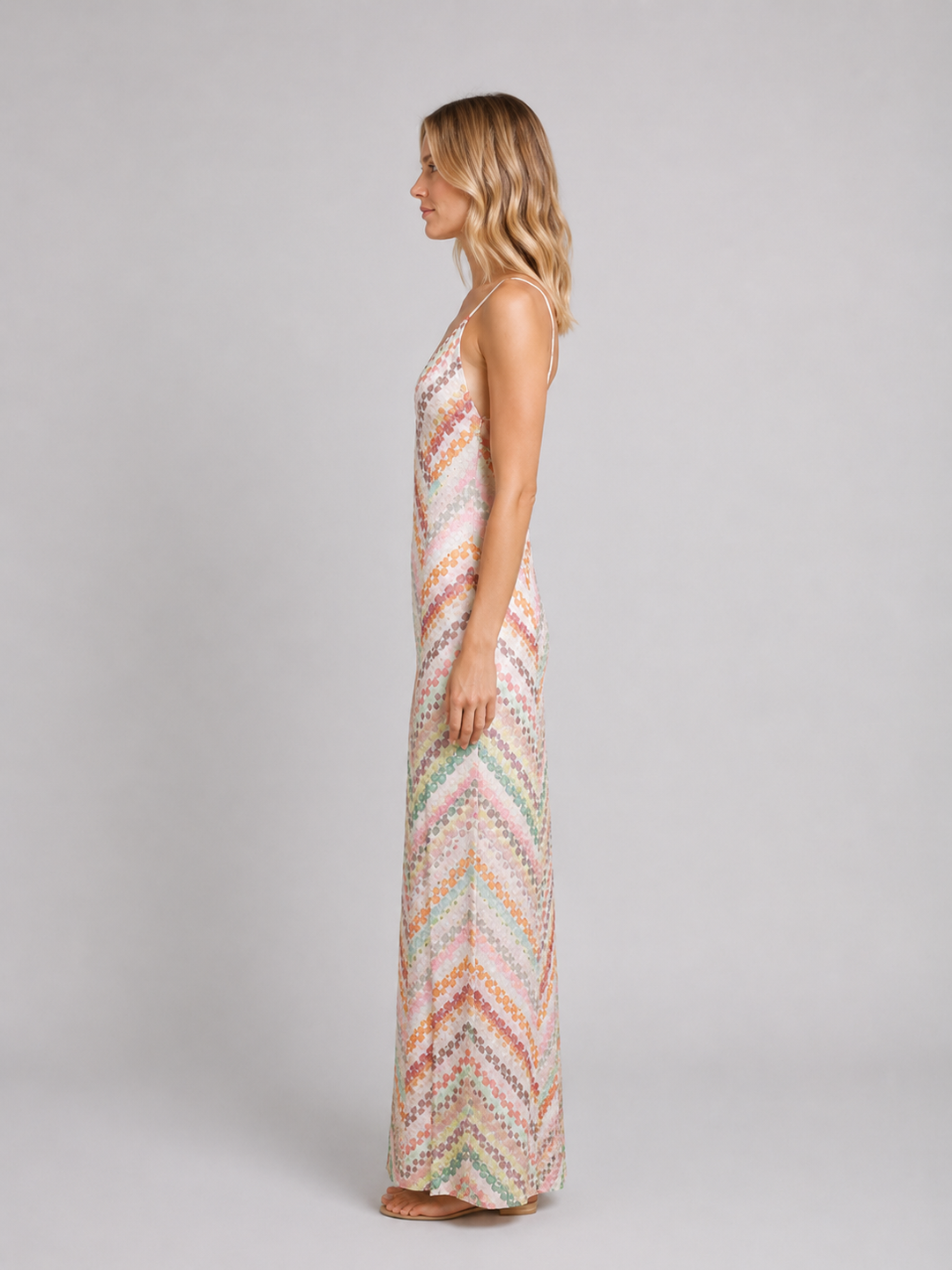 Long elegant women's maxi dress with a unique chevron open-weave, great for summer fashion & elegant occasions.