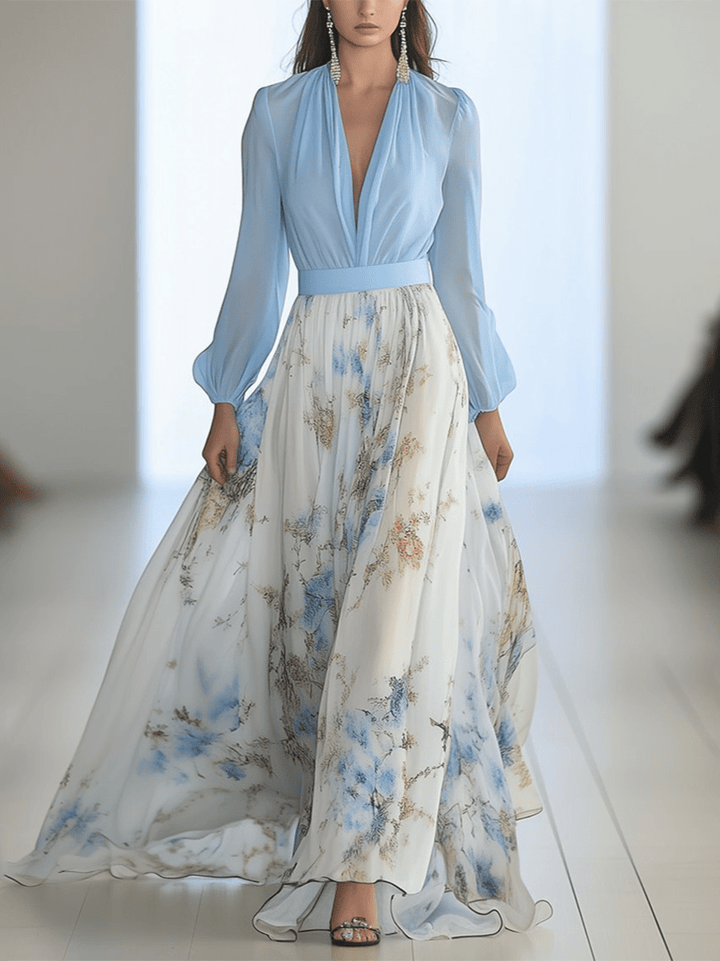Elegant women's floral maxi dress with V-neck, long sleeves & flowing skirt, perfect for races, weddings & events.