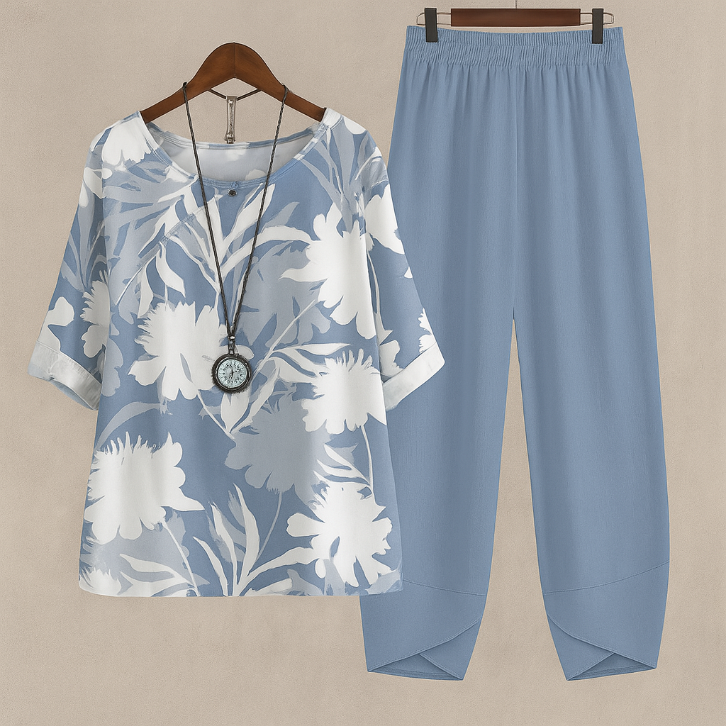 Vibrant floral two-piece women's fashion set. Includes a chic flowy top and trendy harem pants for summer style.