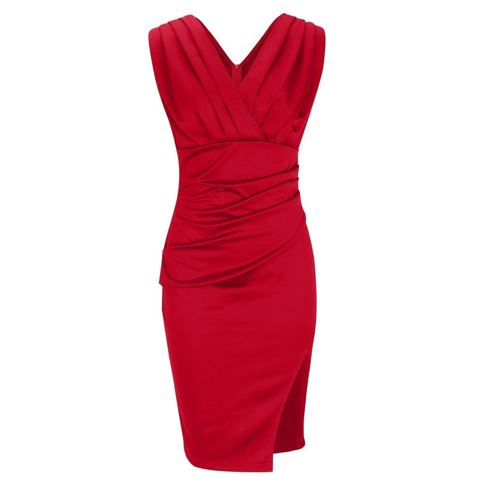 Stylish V-neck fitted midi dress for women, elegant sleeveless evening wear, ideal for cocktail parties.
