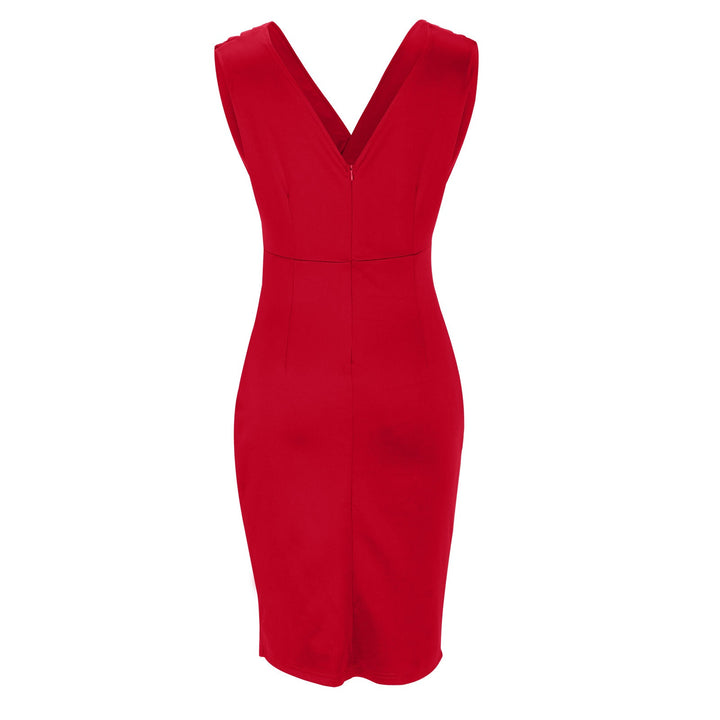 Women's elegant V-neck fitted evening dress. Sleeveless midi with thigh slit for special occasions.