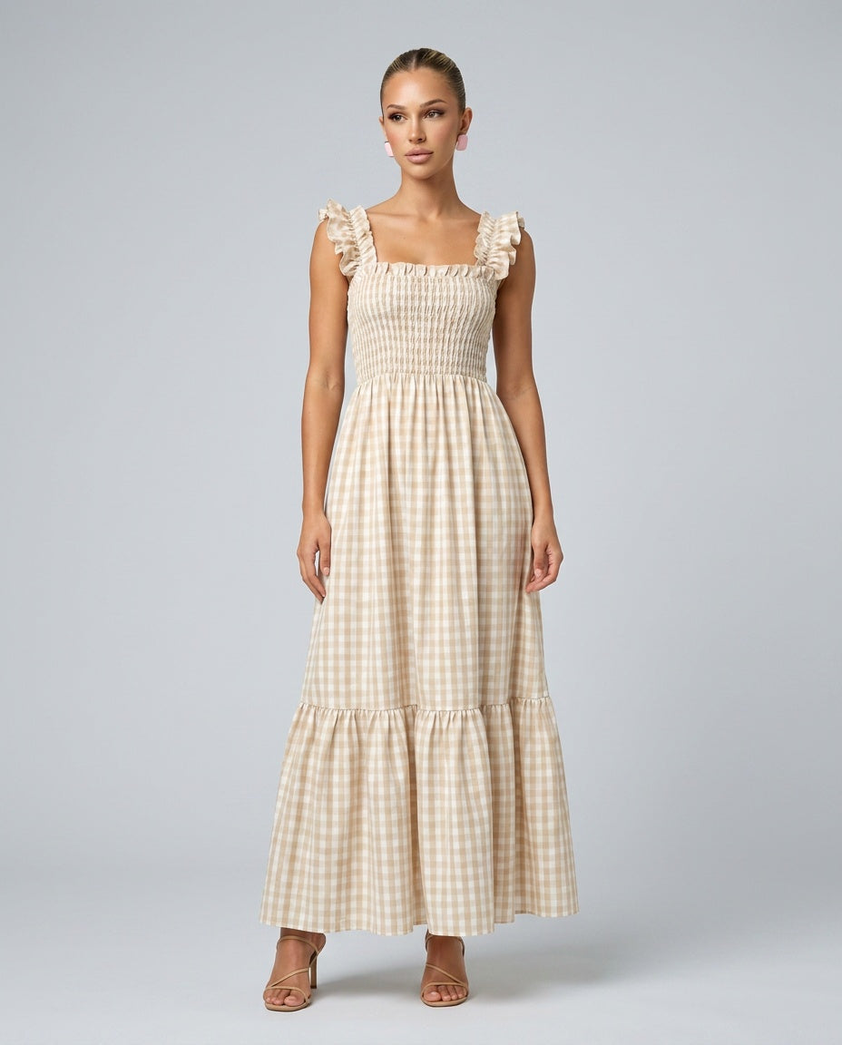 Women's Chic Ruffle Strap Gingham Maxi Dress, smocked bodice. Perfect breezy summer casual wear.