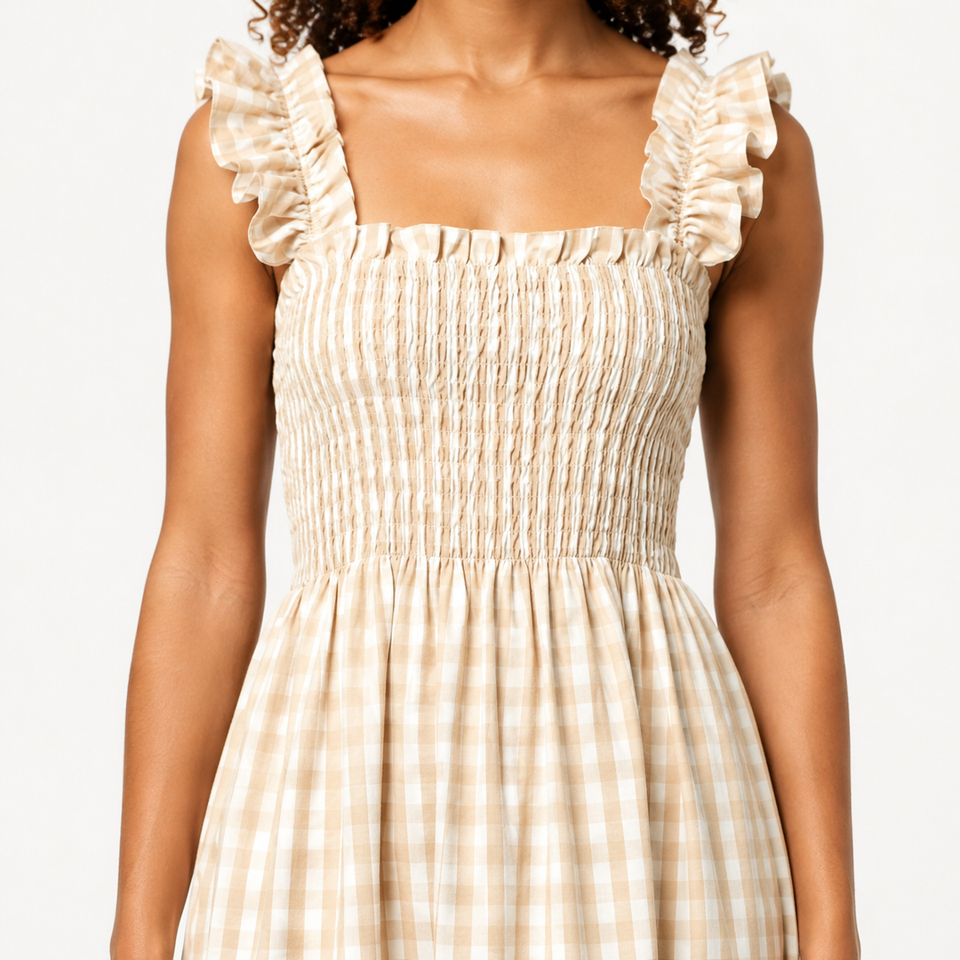 Elegant women's gingham maxi dress with ruffle straps and smocked bodice. Ideal for summer day wear.