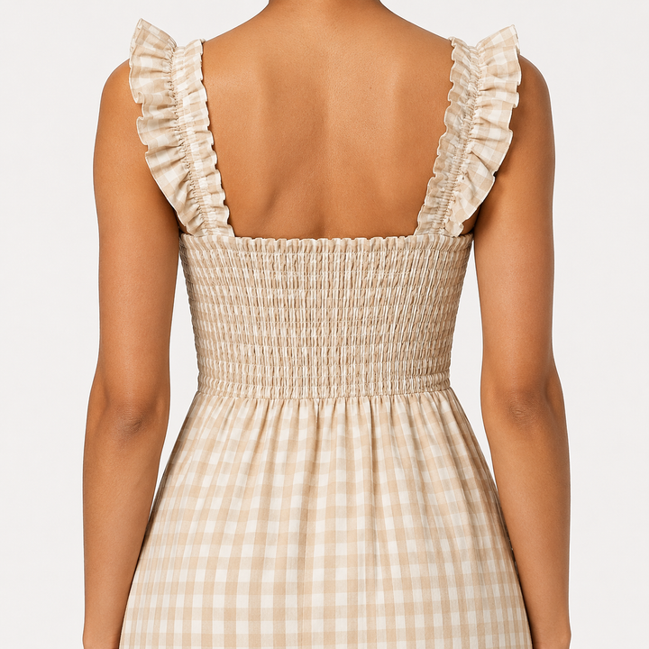 Beige women's gingham maxi dress, chic ruffle straps & smocked bodice. Breezy and casual summer style.