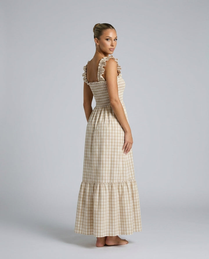 Black women's ruffle strap gingham maxi dress, smocked for comfort. Versatile casual summer day dress.