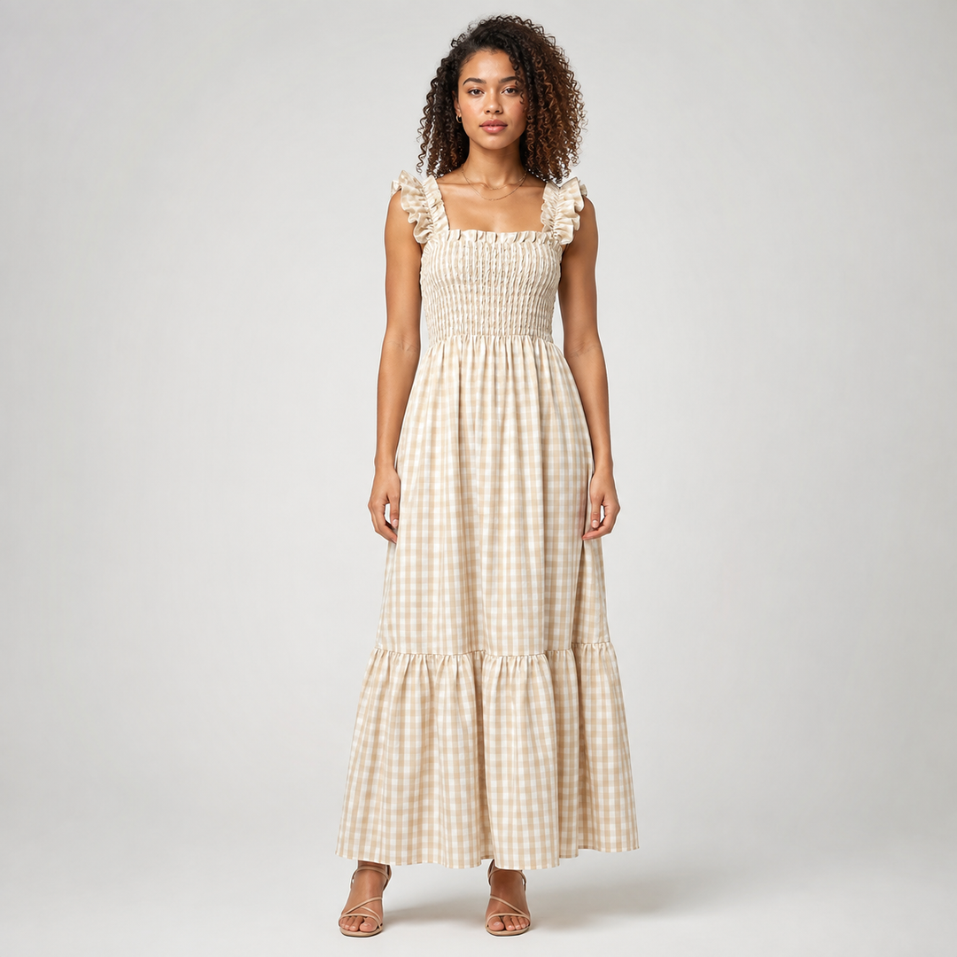 Red gingham maxi dress for women, featuring chic ruffle straps & a smocked bodice. Elegant summer fashion.