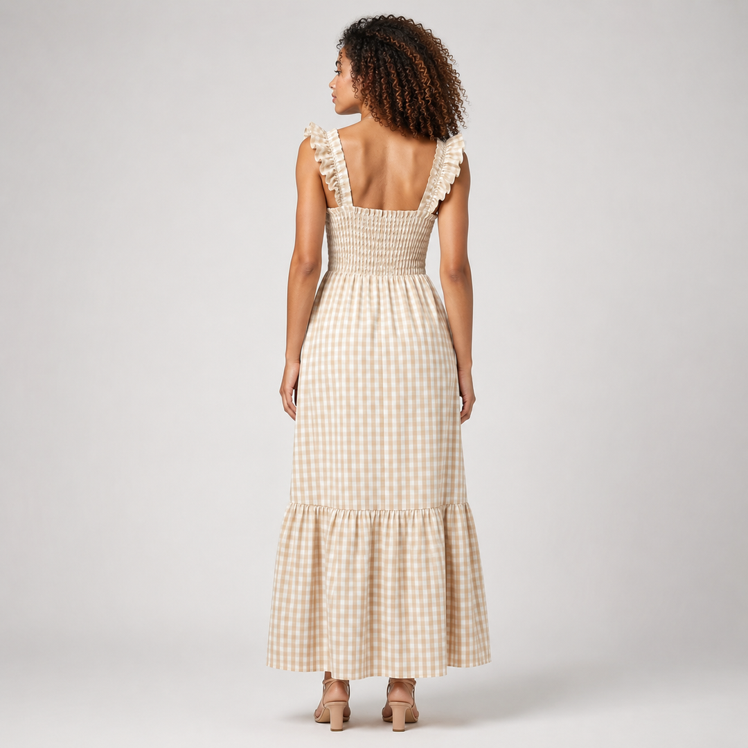 Blue women's breezy gingham maxi dress with stylish ruffle straps and a comfortable smocked bodice.