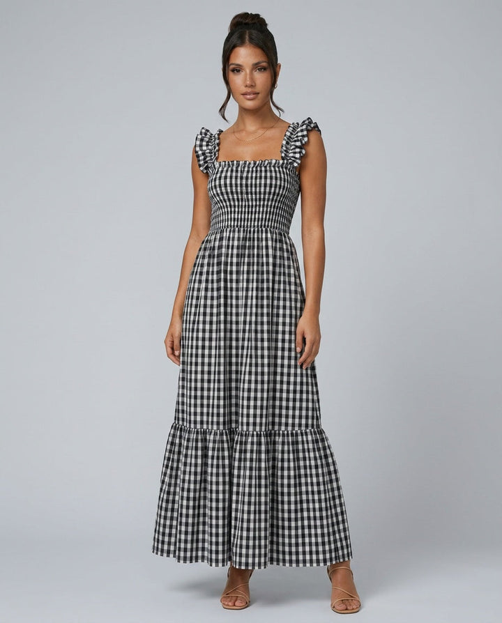 Casual women's gingham maxi day dress with ruffle straps & smocked bodice. Essential summer comfort.