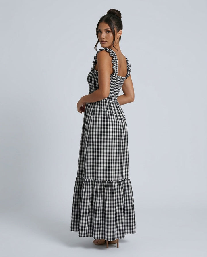Elegant breezy women's gingham maxi dress with ruffle straps & smocked bodice. Great for summer days.