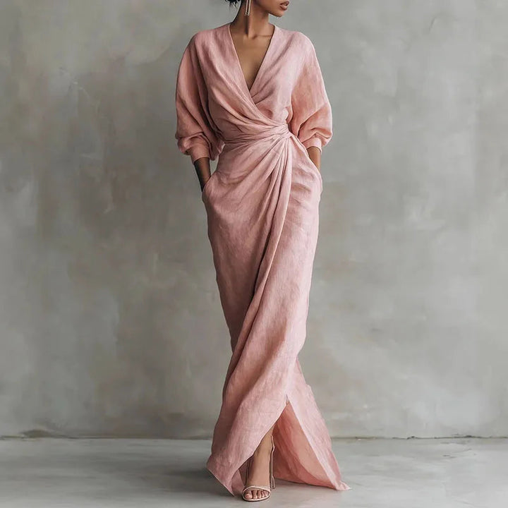 Women's elegant wrap maxi dress with V-neck, side slit, and tie waist. Perfect for evening or party.