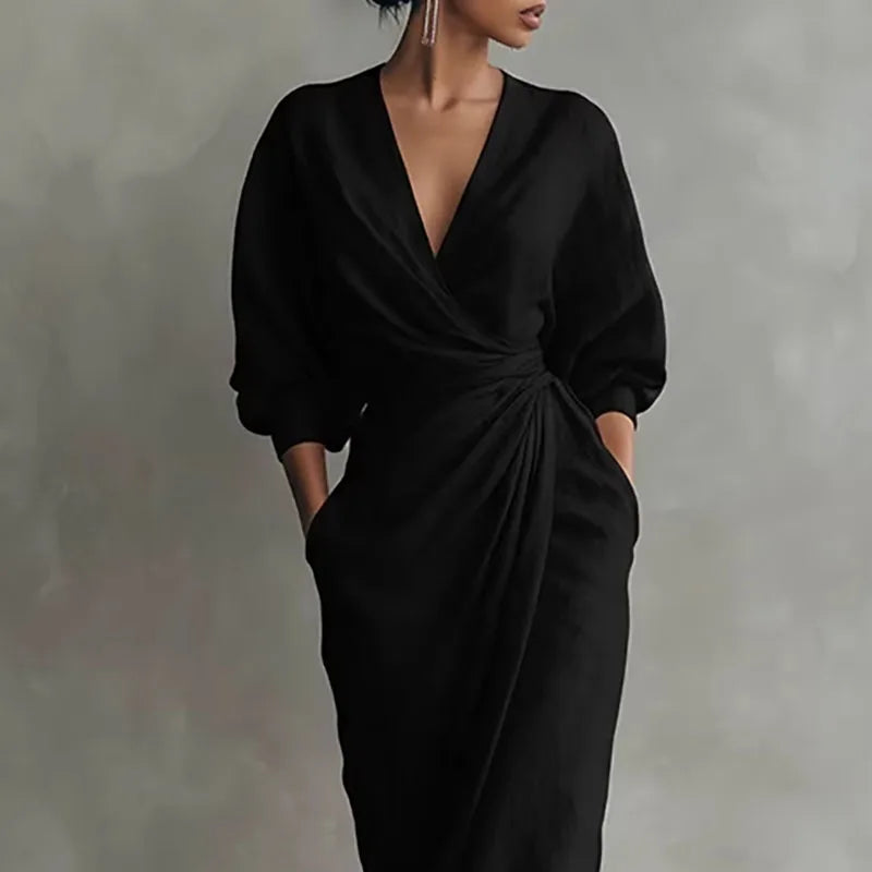 Women's formal V-neck wrap maxi dress, perfect for parties. Features an elegant side slit and comfortable fit.