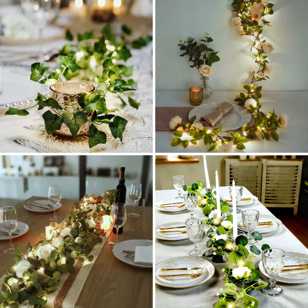 Elegant LED leaf garland, warm white, perfect for decorative ambiance in any setting.