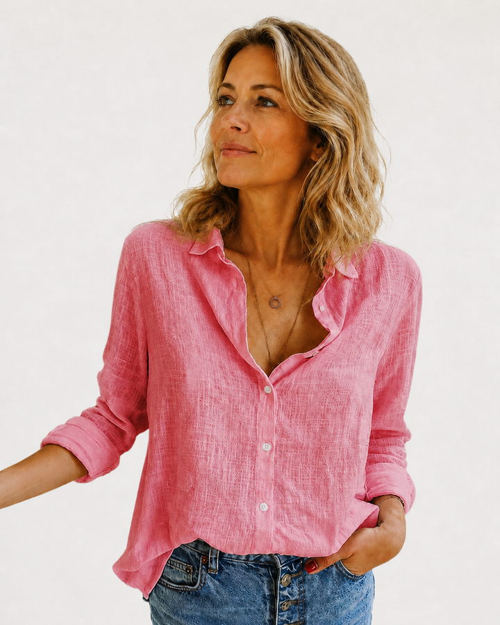 Stylish women's long sleeve collared blouse, detailed button-down top for modern office wear & everyday fashion.