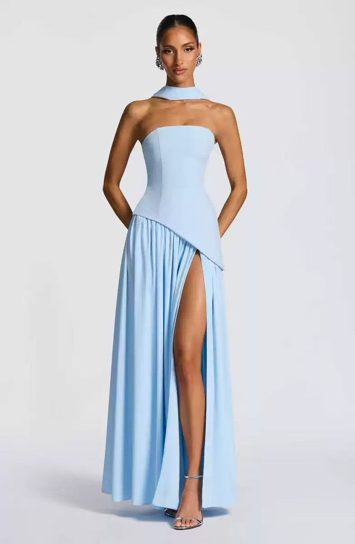 Beautiful women's strapless formal dress, a pleated maxi gown with a striking high slit for special events.