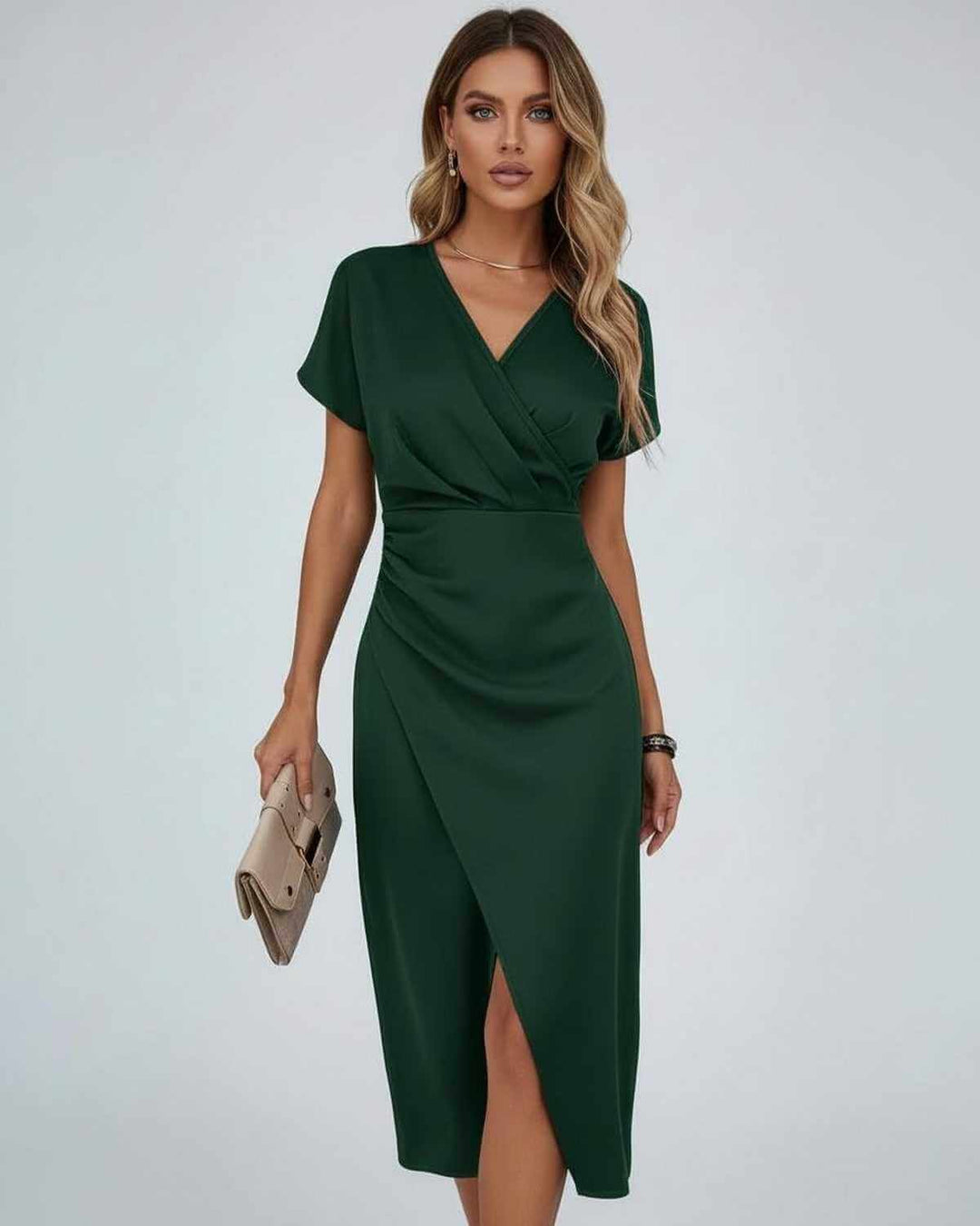 Graceful women's wrap midi cocktail dress with split hem, flattering fit & kimono sleeves for evening wear.