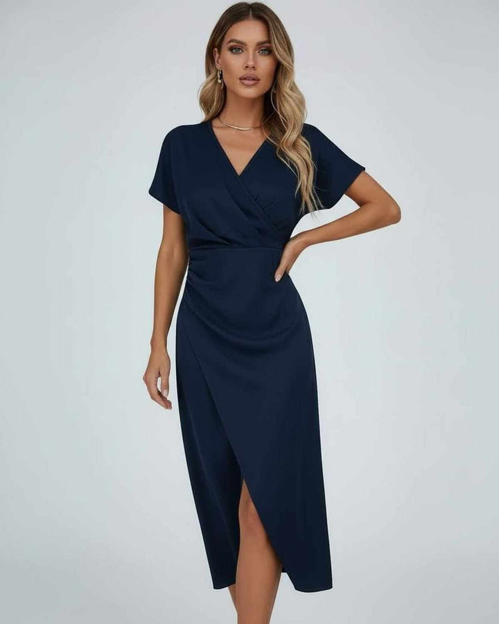 Chic women's midi wrap cocktail dress featuring a split hem & V-neck, ideal for elegant parties & events.