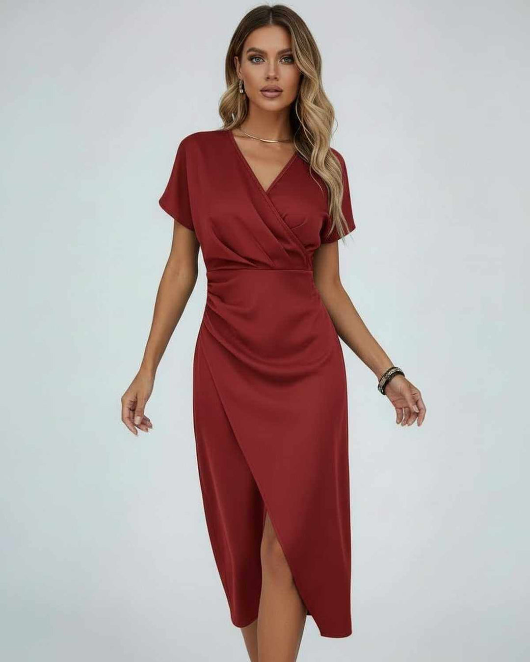 Sophisticated women's wrap midi cocktail dress with a graceful split hem, V-neck & comfortable flattering fit.
