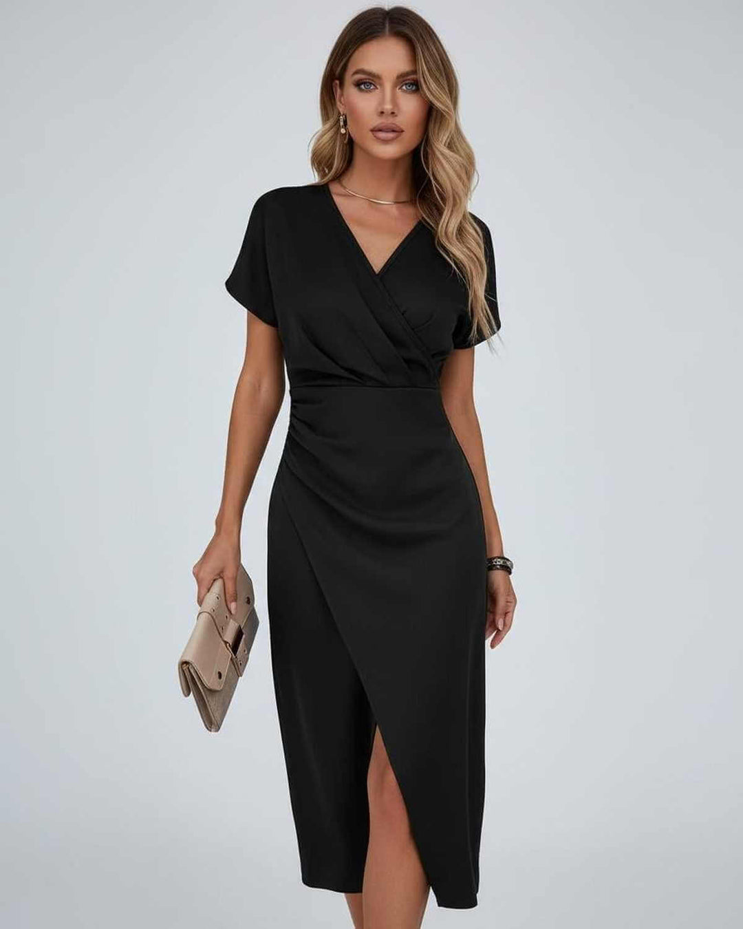 Women's comfortable wrap midi cocktail dress with a stylish split hem, V-neck & elegant kimono sleeves for parties.
