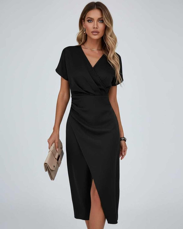 Women's comfortable wrap midi cocktail dress with a stylish split hem, V-neck & elegant kimono sleeves for parties.