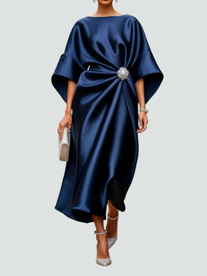 Elegant women's draped satin-look midi cocktail dress perfect for evening parties & special occasions.
