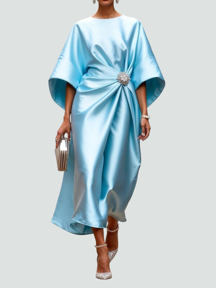Chic women's evening midi dress featuring flattering draped style & elegant kimono sleeves for parties.
